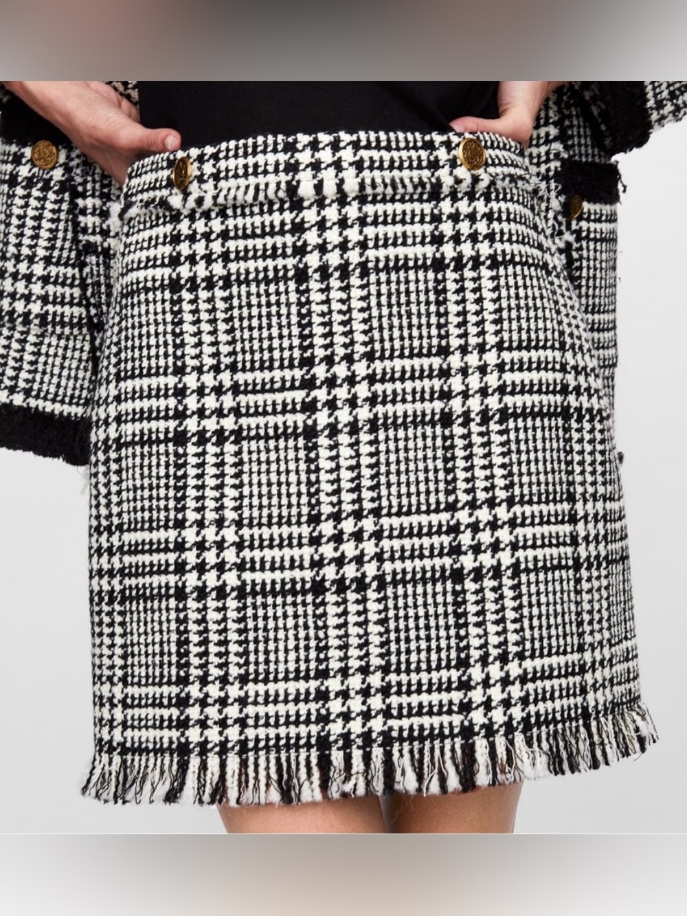 Zara Black and White Plaid Fringe Trim Skirt